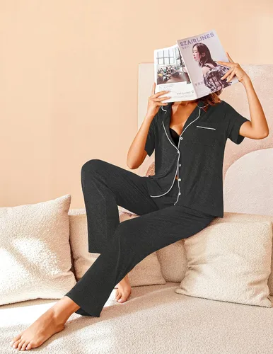 Miniatura 3 de Avidlove - Conjunto de pijama para mujer, ropa de dormir suave con solapa de muesca, manga corta, botones y pantalones largos