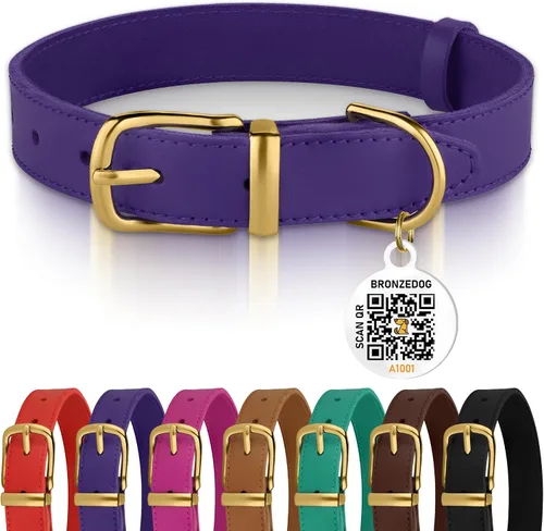 Miniatura 8 de BRONZEDOG Collar de cuero para perro con etiqueta de identificación QR, collares básicos para mascotas pequeños mini, gatos, cachorros