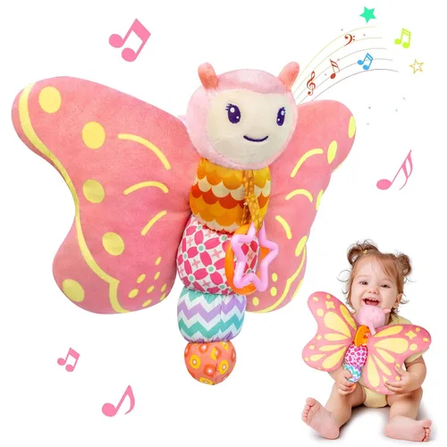 Juguetes para bebés de 0 a 6 meses, animal de peluche sensorial musical infantil con chirriador, sonajero, alas arrugadas, mordedor y anillo para