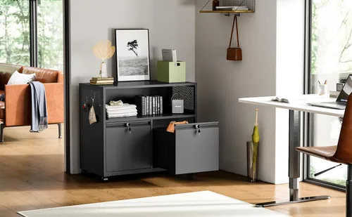 Miniatura 2 de Archivador de metal con 2 cajones con cerradura, gabinete archivador con soporte para impresora móvil y estantes para archivos de tamaño Negro