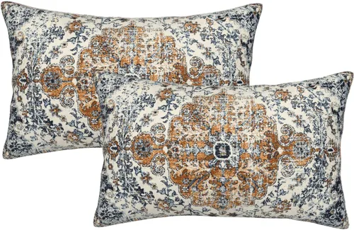 Miniatura 36 de Juego de 2 fundas de almohada bohemias de 20 x 20 pulgadas, fundas de cojín con patrón de alfombra, color amarillo mostaza y azul, diseño étnico