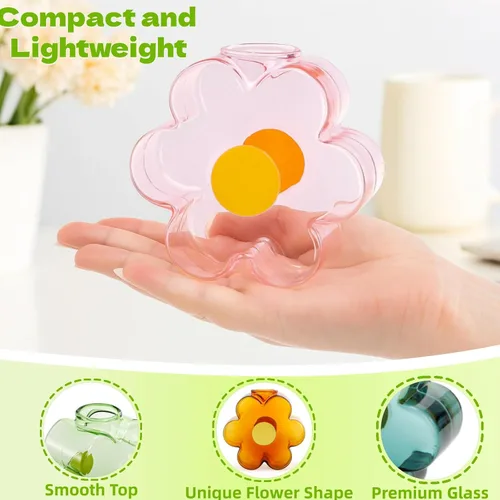 Miniatura 3 de Covzoe Paquete de 4 pequeños jarrones de cristal, coloridos jarrones únicos en forma de flores, bonitos jarrones de cristal para centros de mesa