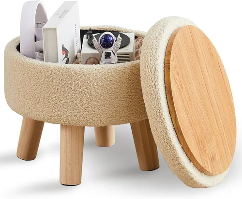 Miniatura 18 de Wimarsbon Otomana de almacenamiento, moderno reposapiés redondo con asiento acolchado suave, reposapiés de terciopelo teddy con patas de madera