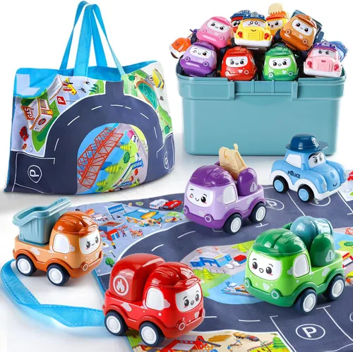 Kiddiworld Mini Autos de Juguete para Regalos de Niños de 1 Año, 12 Conjuntos de Camiones de Retroceso con Tapete de Juego/Caja de Almacenamiento
