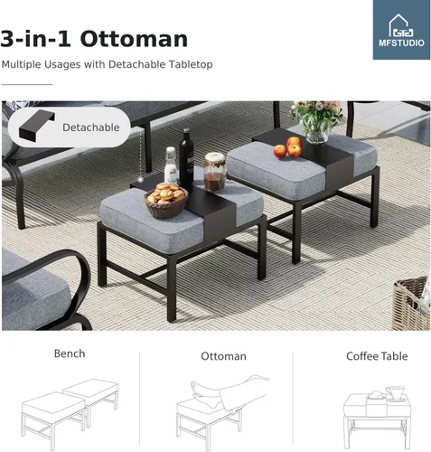 Miniatura 7 de MFSTUDIO Juego de muebles de patio de 6 piezas con mesa de fogata de gas de 45 pulgadas (hasta 7 asientos), sofás de conversación de patio con marco