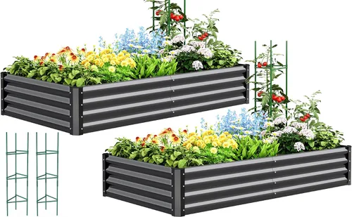 Miniatura 16 de Quictent Jardinera elevada galvanizada de 6 x 3 x 2 pies, maceta de metal sin fondo para patio trasero al aire libre, incluye 1 jaula de tomate Gris
