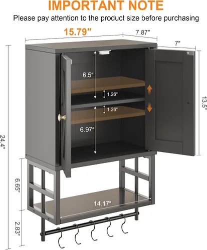 Miniatura 3 de Gabinete de Medicina de Granja - Organizador de Almacenamiento de 3 Niveles Montado en Pared con Estantes Ajustables, Barra para Toallas, 5 Ganchos
