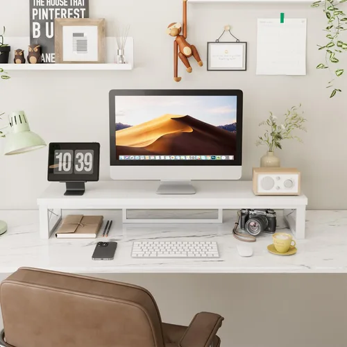 Miniatura 3 de IBUYKE Soporte elevador grande para monitor doble para 2 monitores, soporte de madera para monitor de computadora de escritorio, estante de Blanco