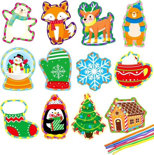 Tarjetas de encaje de animales de invierno, 12 paquetes de kits de costura para niños, tarjetas de costura de cartón de Navidad, juegos de cordones