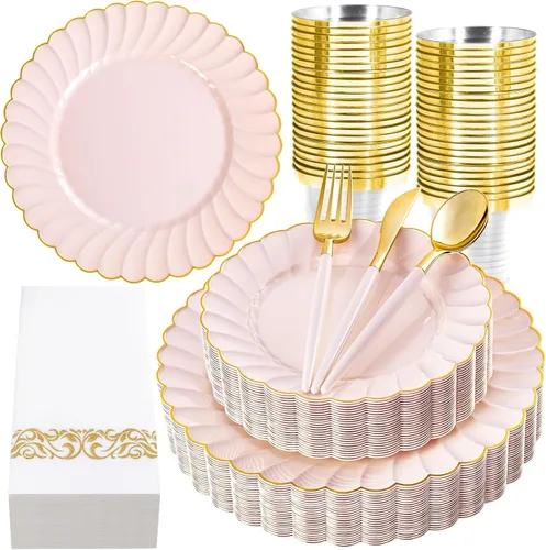 Miniatura 14 de Ciaell 175 platos de plástico festoneado negro con ribete dorado, cubiertos de plástico negro con asa, juegos de vajilla de alta gama para bodas