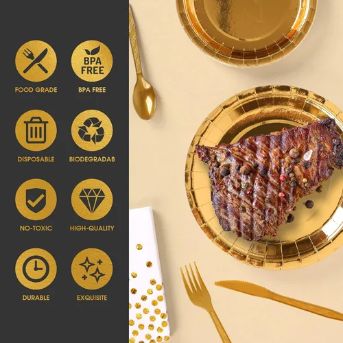 Miniatura 4 de Juego de vajilla desechable dorada de 175 piezas para fiestas, platos de papel dorados, servilletas, vasos, tenedores de plástico dorado, cuchillos