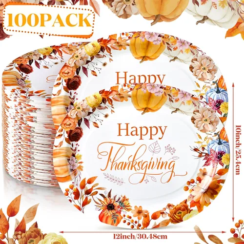 Miniatura 3 de Umigy 100 platos de papel ovalados de Acción de Gracias de 10 x 12 pulgadas, platos desechables grandes ovalados de otoño, flores, calabaza, feliz