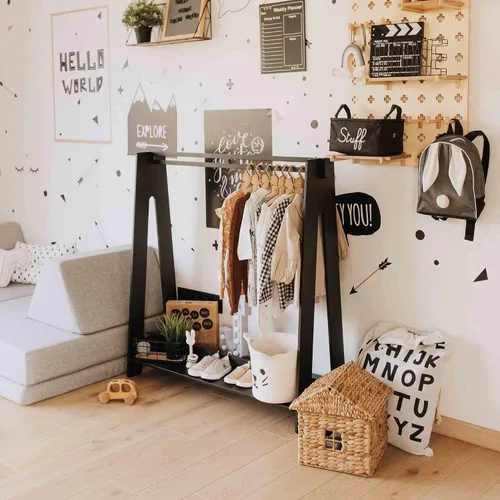 Miniatura 4 de Sweet Home from wood Armario infantil – Perchero de madera con riel colgante y estante de exhibición para niños – Muebles de tocador DIY (negro)