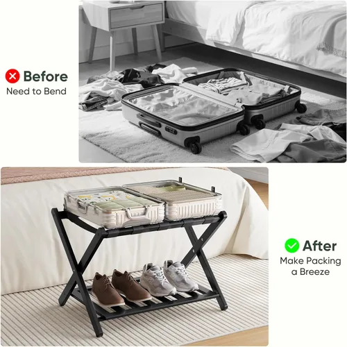 Miniatura 8 de Smart FENDEE Portaequipajes negro totalmente montado, soporte para maleta con estante para zapatos, soporte de equipaje plegable de madera