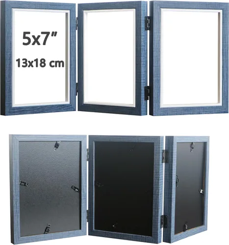 Miniatura 2 de Trifold Picture Frame 5x7 Blue Photo Collage Frame Hinged Triple Foldable Frame Blue for Tabletop Desk Display Gift for Mother, Friend