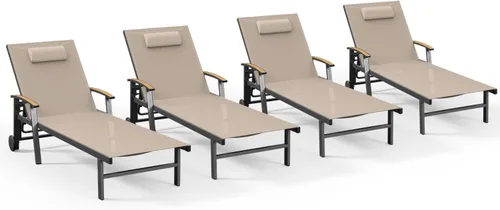 Miniatura 39 de Ciokea Sillón para exteriores con almohada, tumbona de aluminio de 5 posiciones con ruedas y reposabrazos, silla de piscina resistente de 400 libras