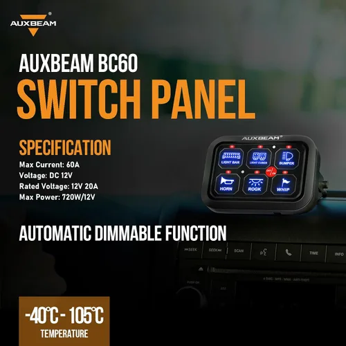 Miniatura 8 de Auxbeam Panel de interruptor de 6 bandas BC60 Sistema de relé de control de circuito universal, interruptor LED regulable automático, panel