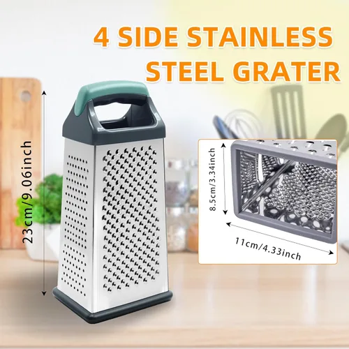 Miniatura 5 de Rallador de caja, rallador de queso de acero inoxidable de 4 caras con asa, rallador de alimentos para cocina, rebanador de queso para alimentos