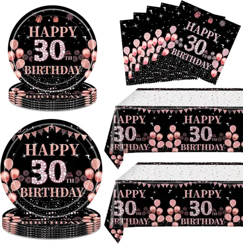 62 decoraciones de cumpleaños número 30 para niñas y ella, suministros de fiesta de cumpleaños de oro rosa incluyen 20 platos de 7 pulgadas, 20