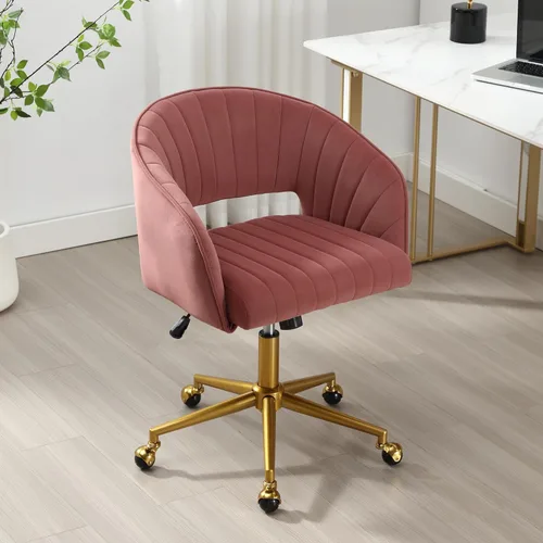 Miniatura 9 de ABET Silla de escritorio con ruedas, silla de oficina en casa de terciopelo, silla giratoria con base dorada, sillas acentuadas modernas tapizadas