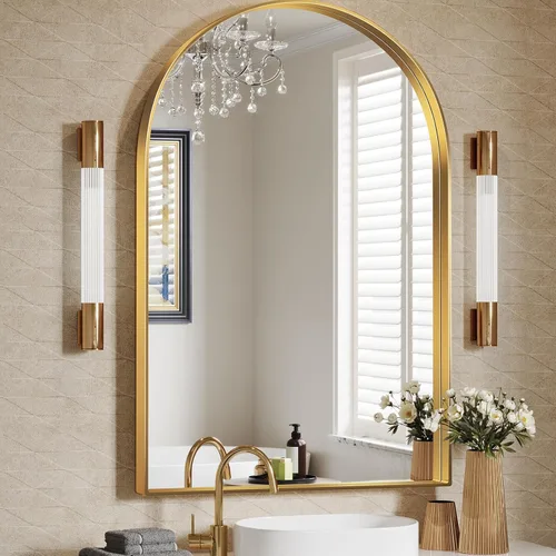 Miniatura 25 de Brightify - Espejo arqueado dorado de 24 x 32 pulgadas, espejo de pared con marco de metal de latón para baño, espejo arqueado superior para tocador