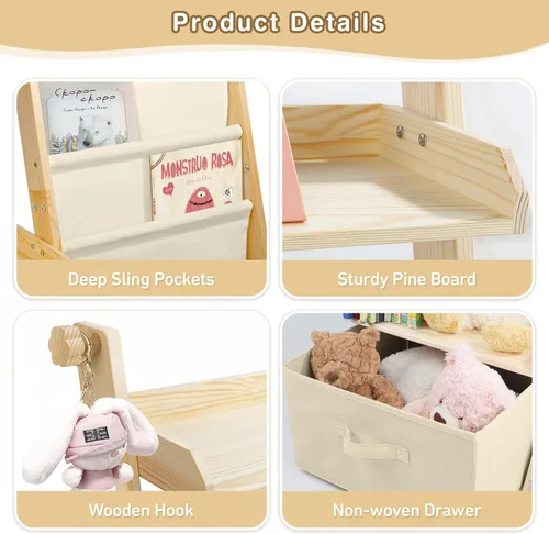 Miniatura 6 de Estantería para niños y organizador de juguetes 2 en 1, estante para libros para habitaciones de niños con cubo de juguetes móvil, estante de 4