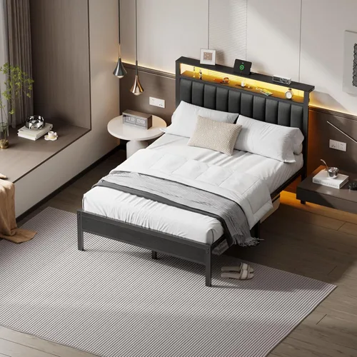 Miniatura 3 de Furnulem - Base de cama tamaño Queen con estación de carga y luces LED, cama de plataforma con listones de metal, cabecera tapizada gris con Roble