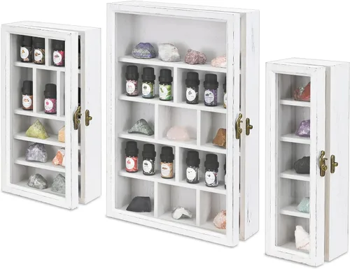 Miniatura 10 de Ikee Design Juego de 3 piezas montadas en la pared en forma de casa de madera con forma de cubículo de sombra con puerta, vitrina de almacenamiento