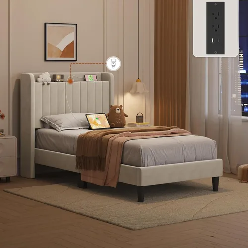 Miniatura 9 de Yaheetech Twin Platform Bed Frame, Upholstered Wing Side Headboard with USB Charging Station and Storage Shelf, Wooden Slat Support, Noise Free, No