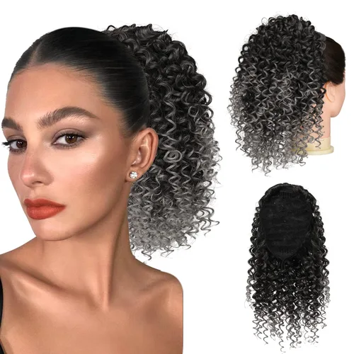 Miniatura 9 de PEACOCO Cola de caballo afro rizada con cordón para mujeres negras, extensiones de cola de caballo afro de 6 pulgadas, cabello sintético
