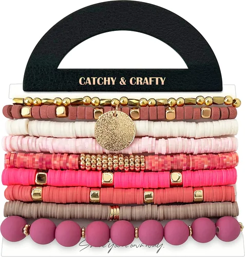 Miniatura 2 de CATCHY & CRAFTY 9 pulseras Heishi de varias capas con cuentas de arcilla de vinilo, apilables, elásticas, para mujeres, regalo para el día