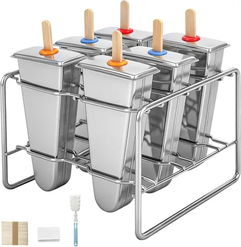 Paquete de 6 moldes de paletas de acero inoxidable, máquina de paletas de hielo reutilizables con soporte, juego de moldes triangulares para helado