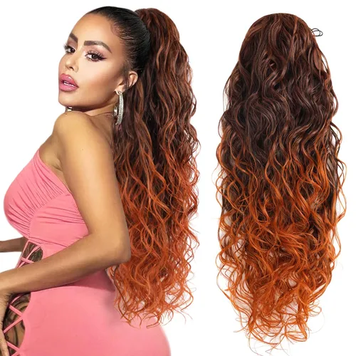 Miniatura 7 de Extensión de cola de caballo larga con cordón sintético de 26 pulgadas, moño rizado 4# Clip en extensión de pelo para mujer