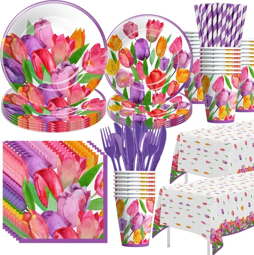 APOWBLS Vajilla de decoración floral de tulipanes para fiesta, suministros de fiesta de flores de tulipán para cumpleaños, baby shower, plato de