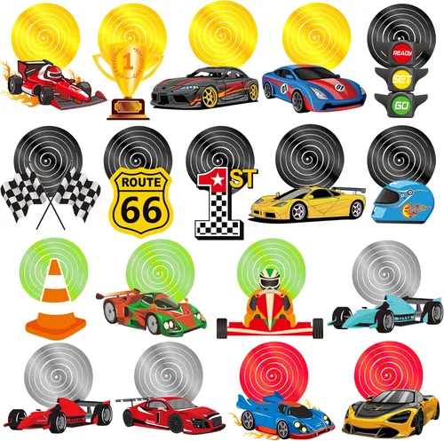 Miniatura 3 de 20 piezas de decoración de remolinos colgantes de autos de carreras, decoraciones de fiesta de cumpleaños, banderas a cuadros, remolinos