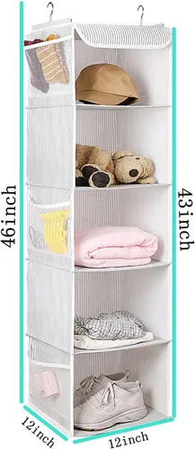 Miniatura 2 de BrilliantJo Organizador colgante de armario con 5 estantes, 2 paquetes de almacenamiento colgante con 6 bolsillos laterales para ropa y zapatos, 43