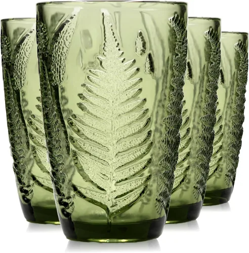 Miniatura 11 de Juego de 4 vasos vintage de vidrio transparente prensado a mano de 10 onzas, cristalería retro en relieve de helecho, vasos texturizados para agua