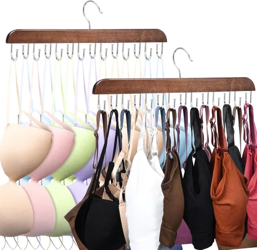 Paquete de 2 perchas para brasieres, perchas de madera sin mangas con 14 ganchos plegables, colgador de brasier para organizador de armario, perchas