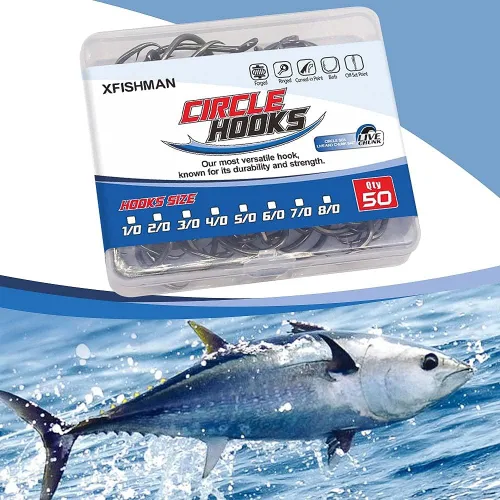 Miniatura 4 de XFISHMAN Anzuelos Circulares - Equipo de Pesca - Ganchos de Pulpo - Agua Salada - Paquete de 50 #1 – 12/0 Negro