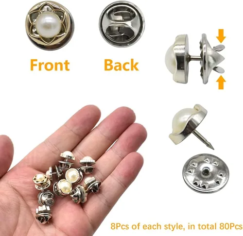 Miniatura 3 de Broche de camisa para mujer, 80 piezas, 10 estilos, botones para cubrir, botón de perla, broche de seguridad, botones para ropa, suministros