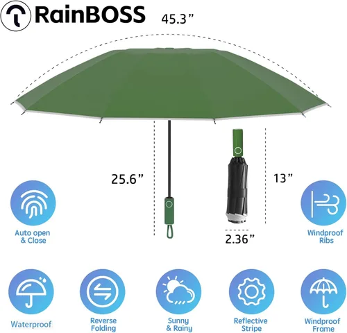 Miniatura 2 de RainBOSS Automatic Travel Umbrella with 10 Ribs, Large Windproof Umbrellas for Rain & Sun, Compact Folding Inverted Umbrella with Reflective Stripe