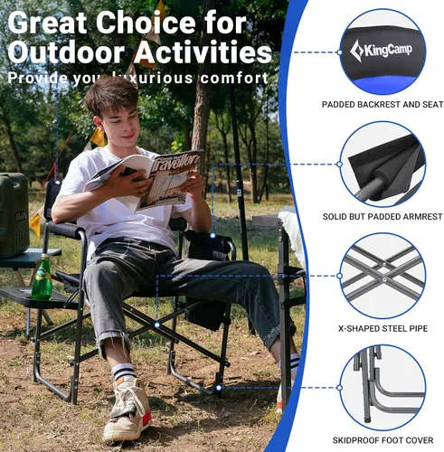 Miniatura 7 de KingCamp 2-Pack Silla de Camping para Directores con Asientos Plegables y Acolchados Portátiles, Azul Negro/Azul Real