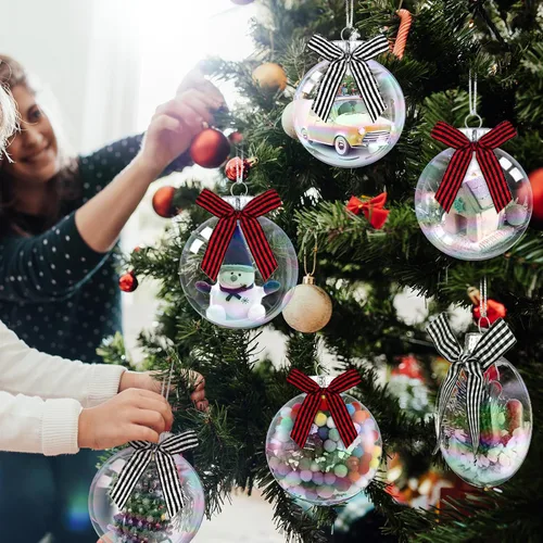 Miniatura 5 de Yookeer 64 discos de plástico para adornos navideños, bolas de plástico iridiscentes transparentes rellenables con tapa plateada y lazos a cuadros