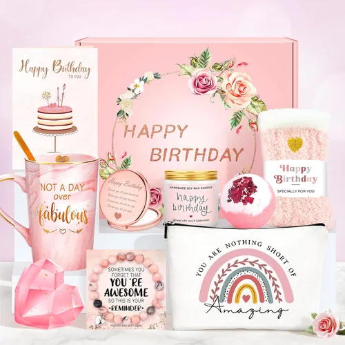 Regalos de cumpleaños para mujeres, cestas de regalo de feliz cumpleaños para mujeres, tazas únicas con texto en inglés "Not A Day Over Fabulous",