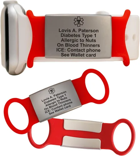MIA·MIA Etiqueta de identificación de alerta personalizada para correa de reloj, placa de seguridad grabada personalizada para Apple Watch, etiqueta