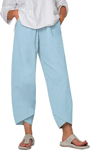 Miniatura 12 de Pantalones Capri de Lino de Algodón para Mujer 2025, Pantalones Palazzo Recortados Casuales con Estampado, Cintura Elástica, Pantalones Holgados