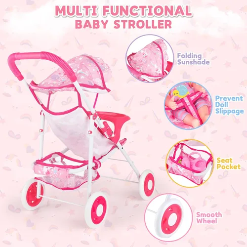 Miniatura 5 de deAO Juego de cochecito de muñeca de bebé de 12 pulgadas con cochecito de muñeca plegable, 15 piezas, accesorios para muñecas de bebé para niños