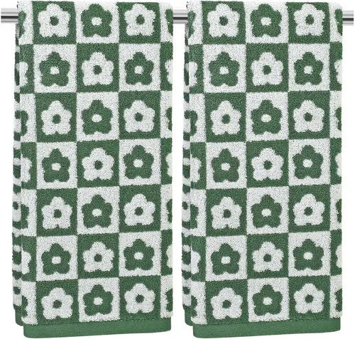 Jacquotha Green Hand Towels Set of 2, Checkered Floral, Cotton, 13"x29" | Bathroom Kitchen Decor, Soft Absorbent Quick Drying, Farmhouse Cottagecore