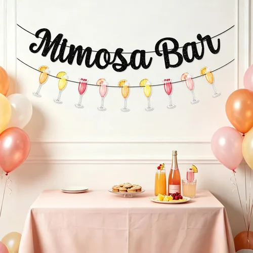 Miniatura 7 de Mimosa Bar Sign Banner Glitter Decorations for Bridal Shower Champagne Brunch Baby Shower Wedding Engagement Birthday Party Graduation Fiesta (Black)