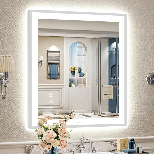 Miniatura 117 de 24x30 Espejo de baño LED con marco negro con luces, retroiluminado + iluminación frontal, espejo de tocador iluminado antivaho para pared de baño
